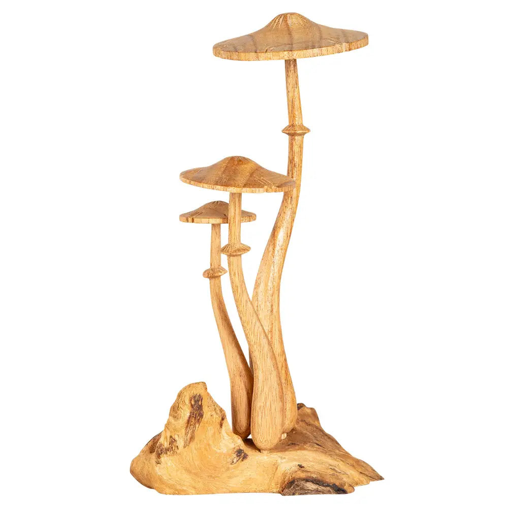 Triple Wooden Mushroom Figurine – Handcrafted Natural Wood Decor