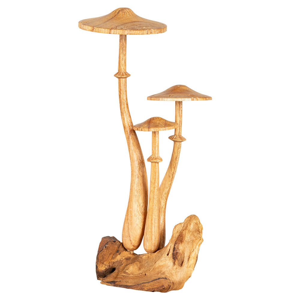 Triple Wooden Mushroom Figurine – Handcrafted Natural Wood Decor
