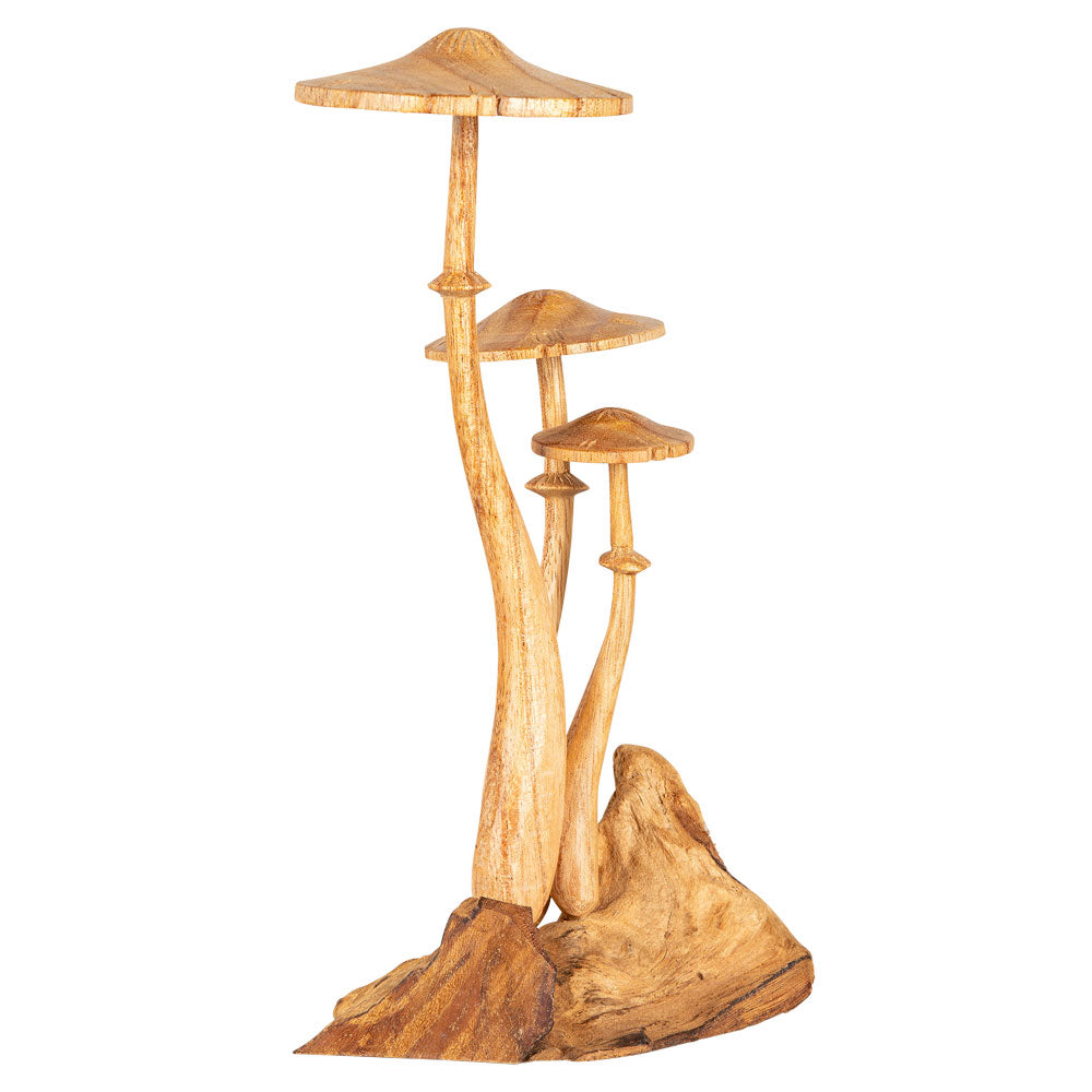 Triple Wooden Mushroom Figurine – Handcrafted Natural Wood Decor